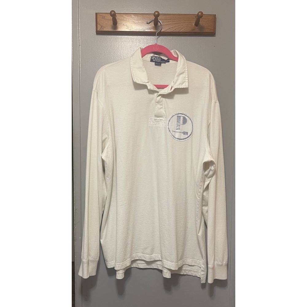 Vintage Polo Ralph Lauren Off-White Long Sleeve Rugby Shirt With Crest Two Xl